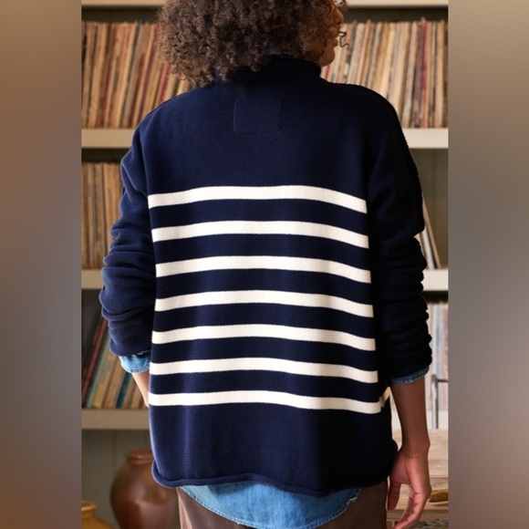 Frank & Eileen Monterey Rolled Funnel Neck Striped Italian Cotton Sweater XS - Picture 2 of 8